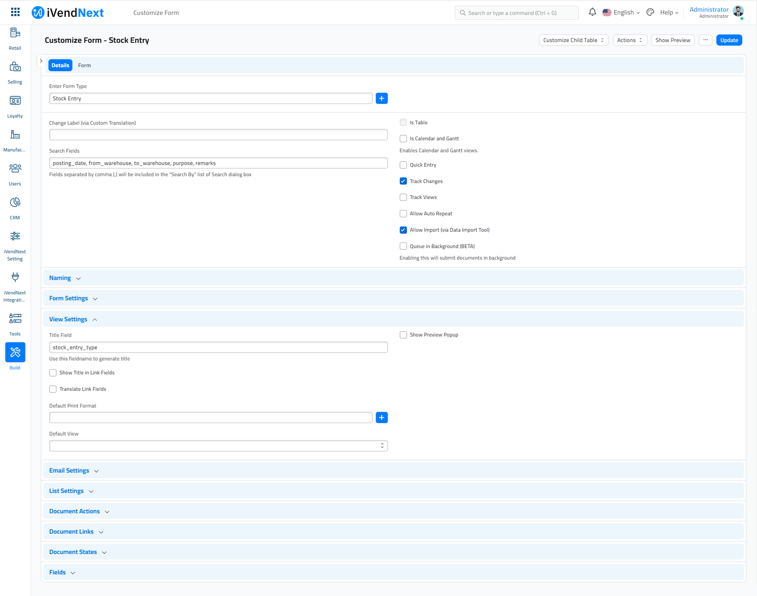 Customize Form - Stock Entry - View